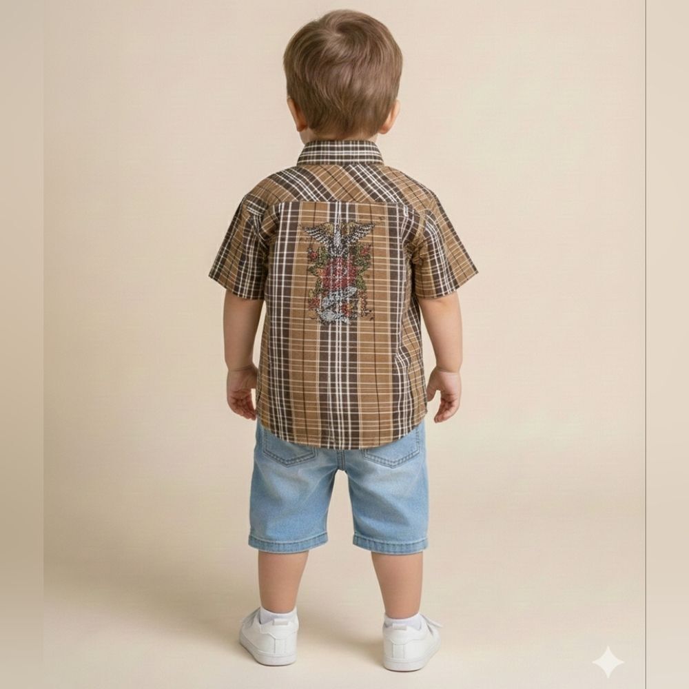 Platini Boys NWT Brown Striped Bejeweled Graphic Button Down Shirt Size 5